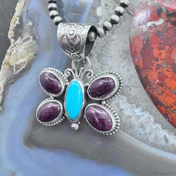Native American Sterling Turquoise & Spiny Oyster Butterfly Pendant For Women - Picture 5 of 10